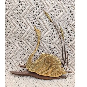 Vintage Brass Swan Wall Hanging Cattails Reeds Wood Base MCM Decor Mixed Media